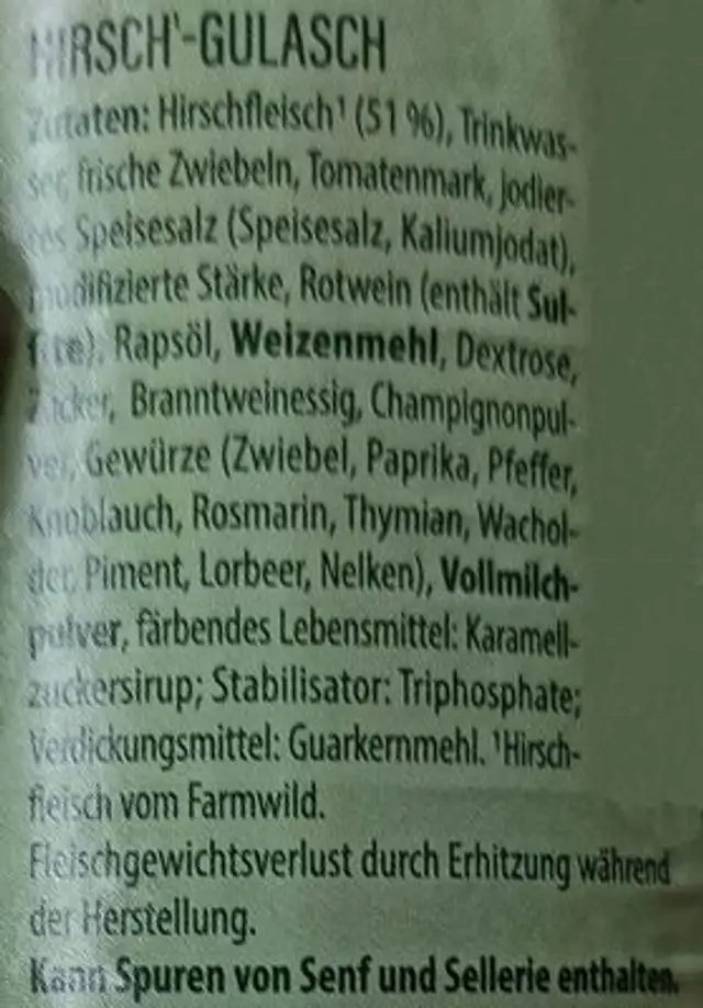 Hirschgulasch ingredients label