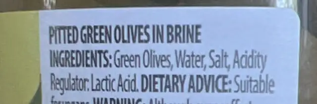 Green Pitted Olives ingredients label