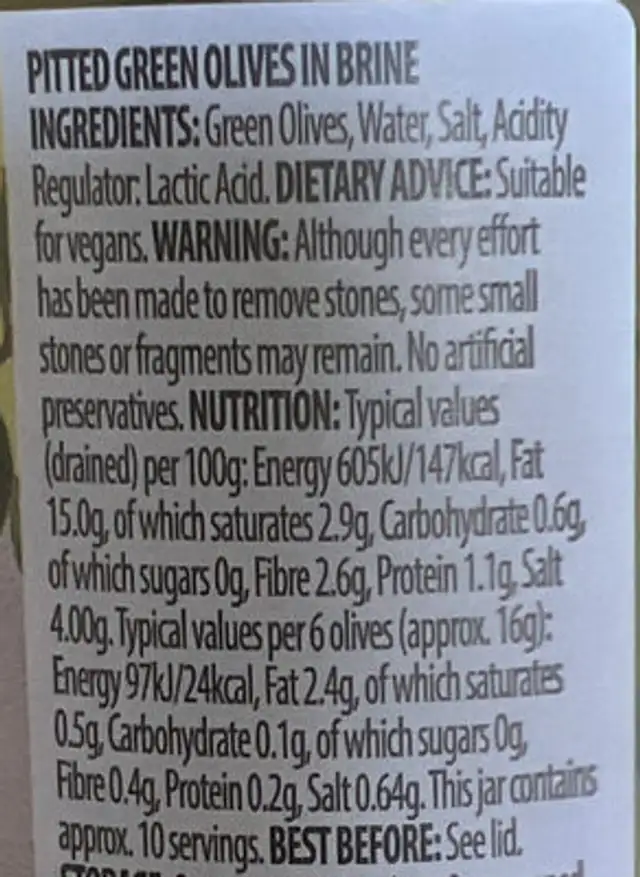 Green Pitted Olives nutrition facts table