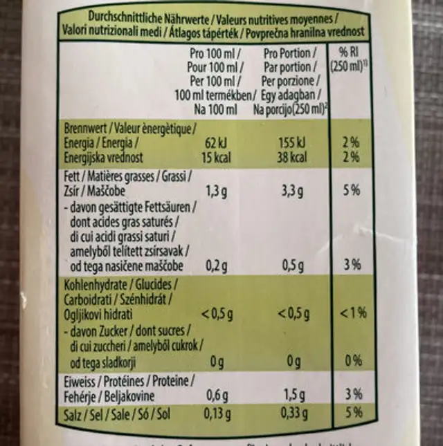 Mandel Drink nutrition facts table