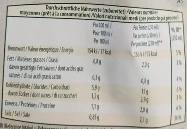 Potage à l'orge nutrition facts table