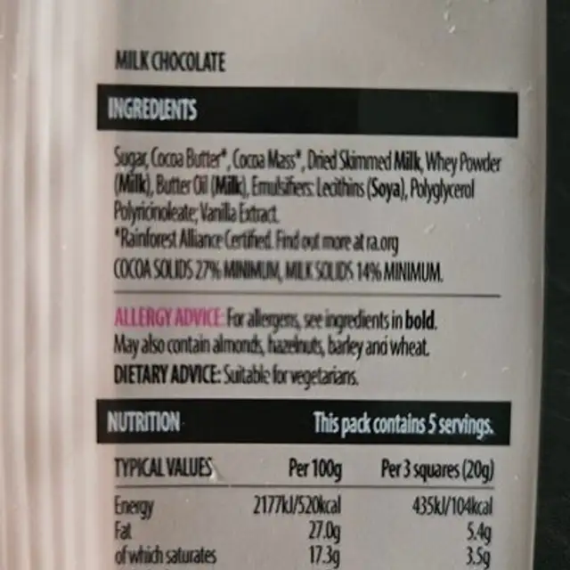 milk chocolate ingredients label