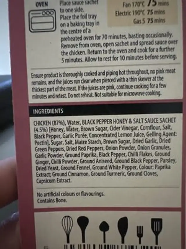Chinese Spatchcock Shicken ingredients label