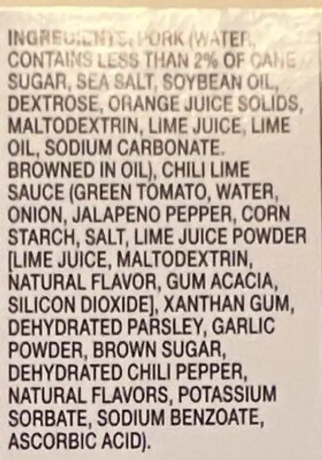 Chili Lime Pork Bites ingredients label