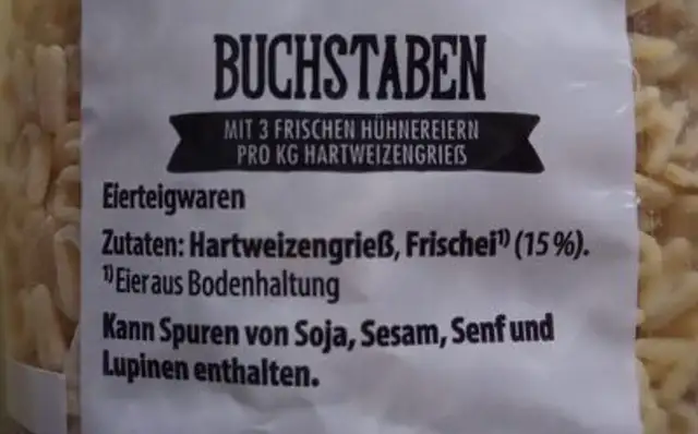 Buchstabennudeln ingredients label