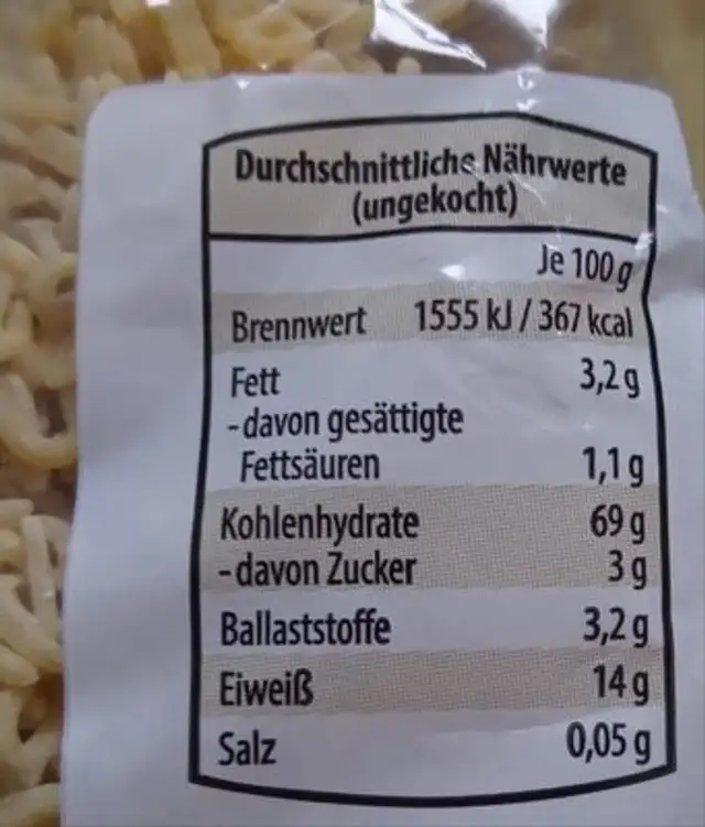 Buchstabennudeln nutrition facts table
