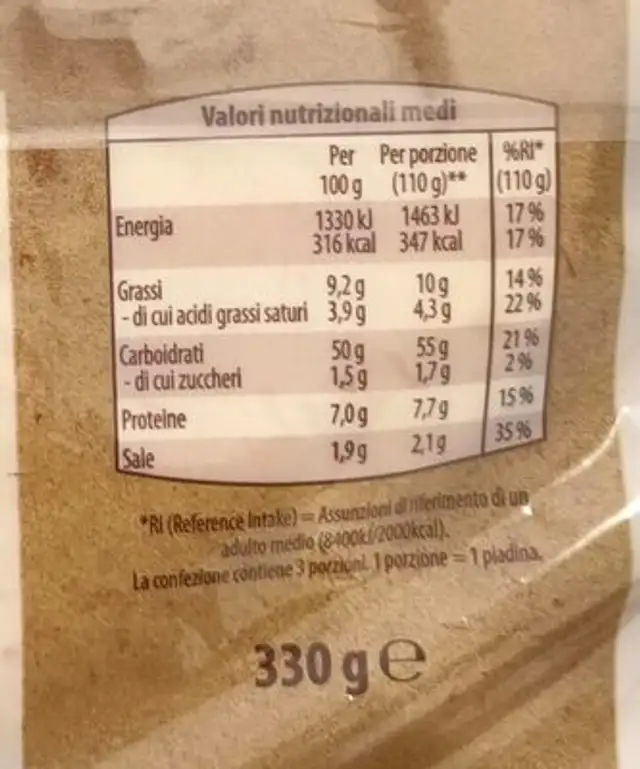 piadina arrotolatissima sfogliata la cesta nutrition facts table