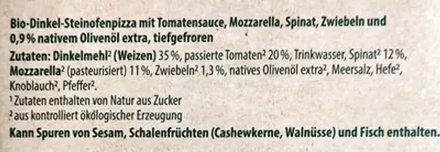 Bio-Dinkel-Steinofenpizza - Spinat ingredients label