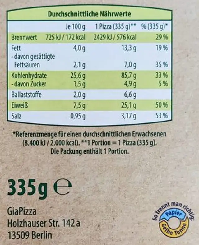 Bio-Dinkel-Steinofenpizza - Spinat nutrition facts table