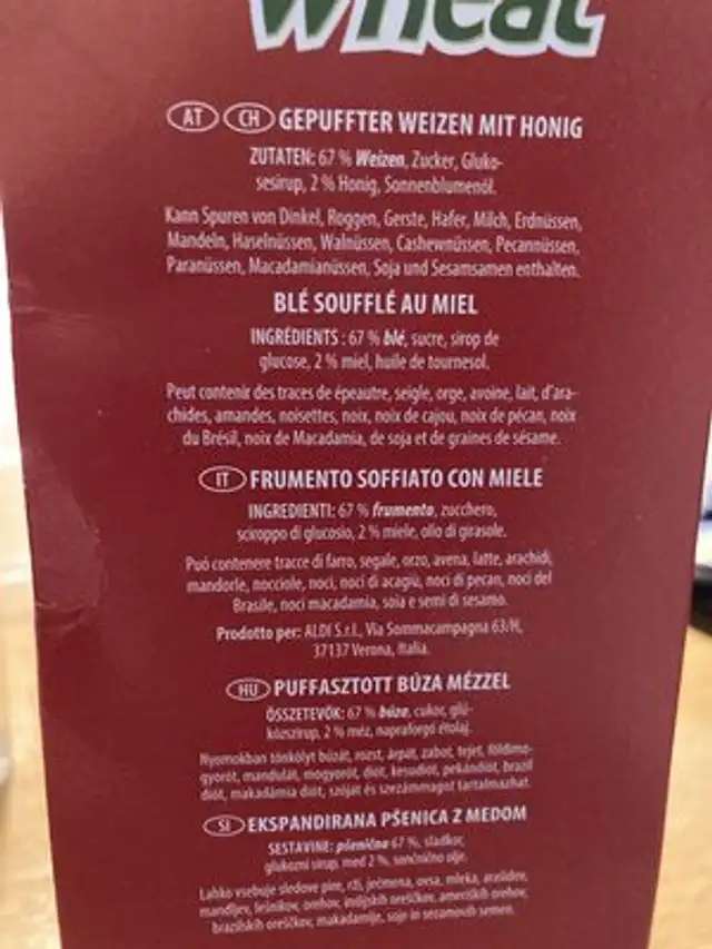 Honey Wheat ingredients label