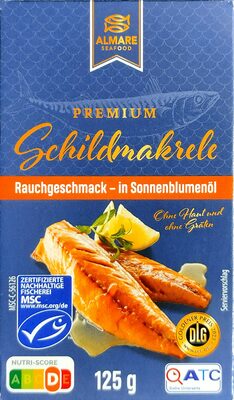 Premium-Schildmakrele in Sonnenblumenöl front packaging