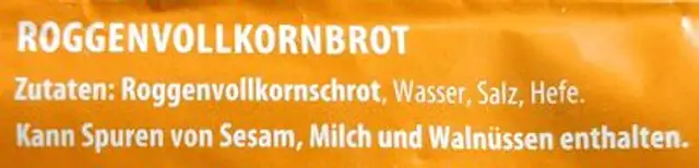 Vollkorn-Bauernbrot, hell ingredients label