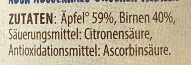 Apfelmusmus mit Birne ingredients label