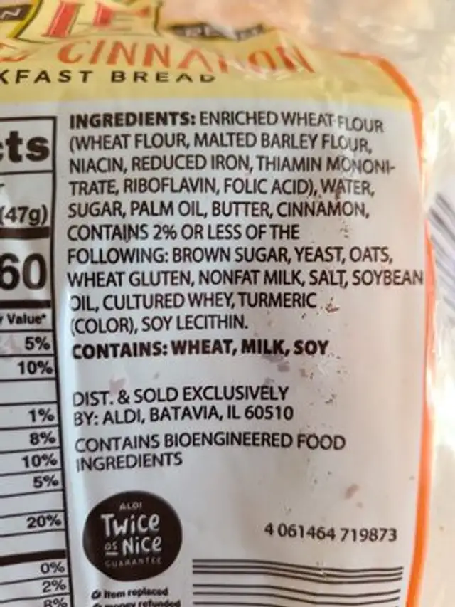 Marbled, Cinnamon Breakfast Bread ingredients label