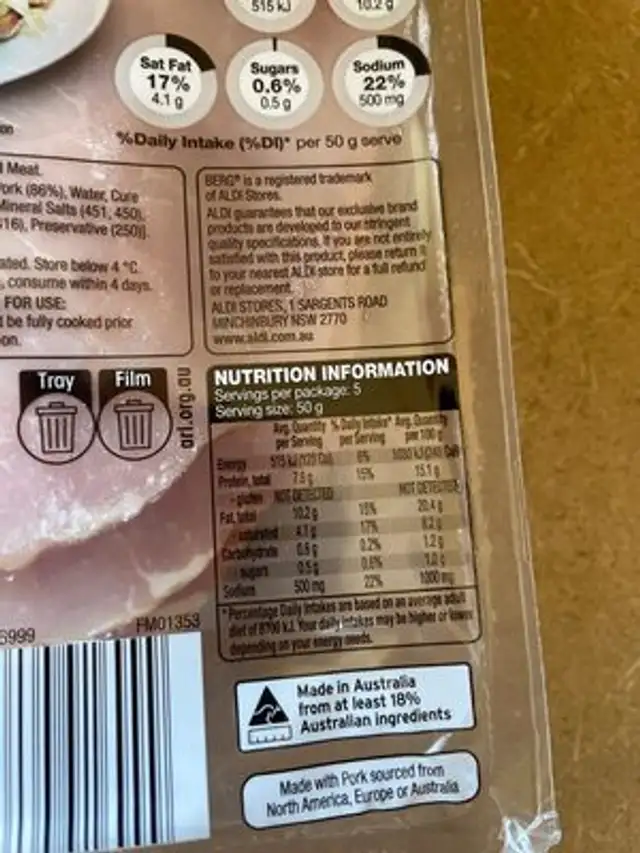 Middle Bacon nutrition facts table