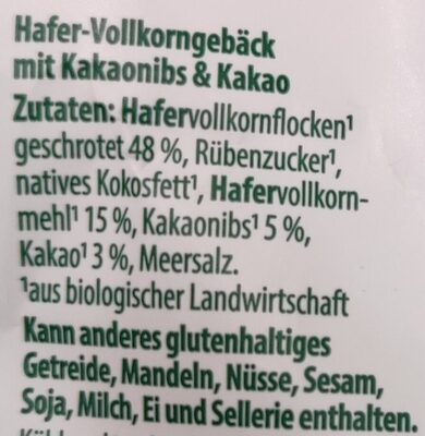 Bio-Hafertaler Kakaonibs & Kakao ingredients label