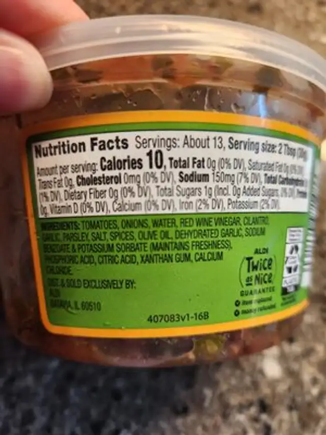 Salsa Chimichurri ingredients label