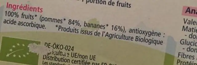 Pommes Bananes ingredients label