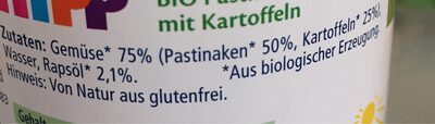 Hipp Pastinaken mit Kartoffeln ingredients label