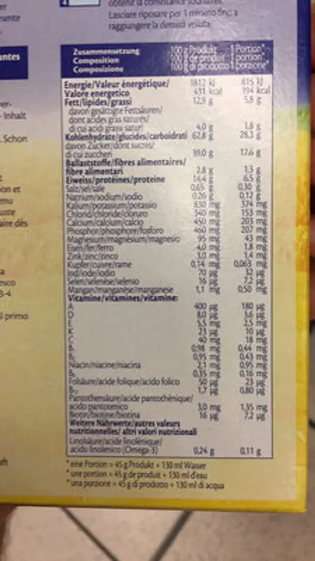BIO Hafer Reis With follow-on milk suitable for the age nutrition facts table