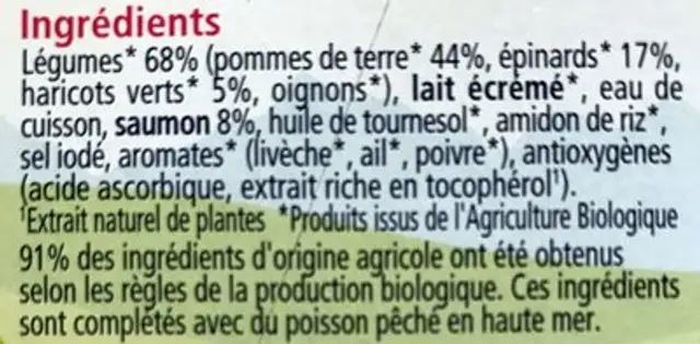 Fondue d'épinards Pommes de terre Saumon ingredients label