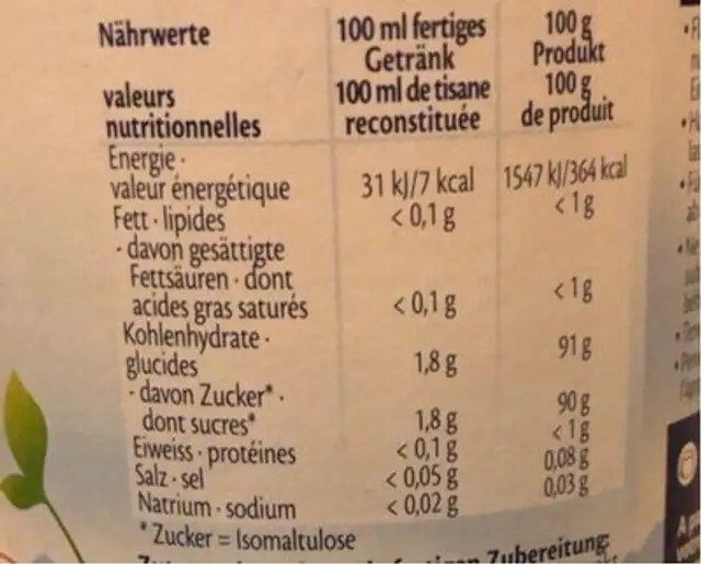 Tee Fenchel - Tisane au Fenouil nutrition facts table