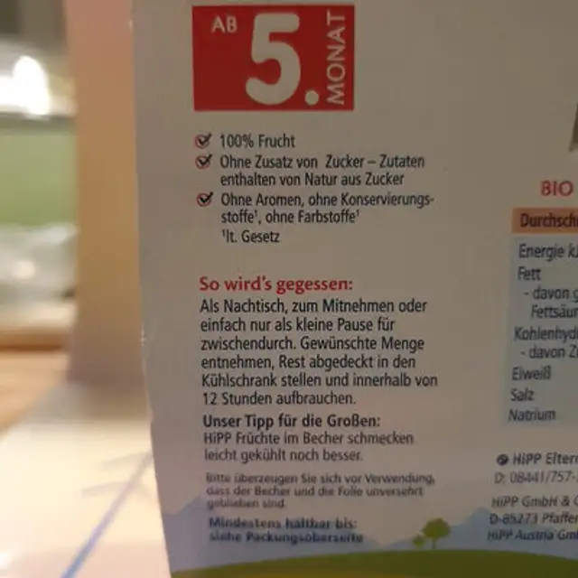 Banane in Apfel ingredients label