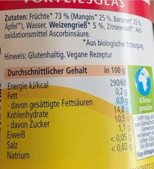 Mango-Bananen-Grieß (ab 6. Monat) nutrition facts table