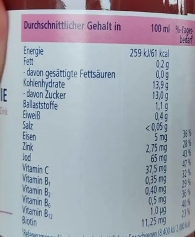 Mama Still Smoothie nutrition facts table