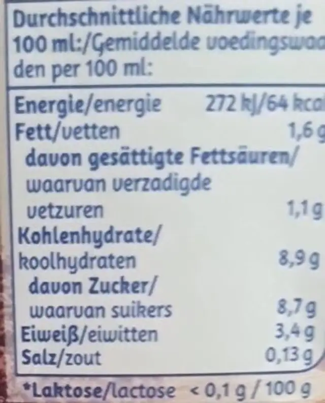 Milchdrink nutrition facts table