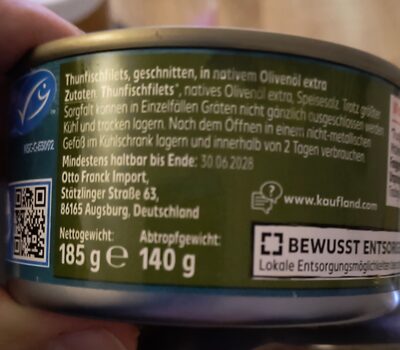 Thunfischfilets in Olivenöl ingredients label