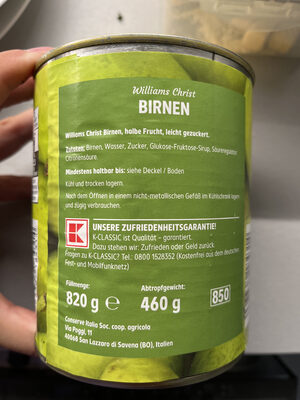 Birnen von K-Classic ingredients label