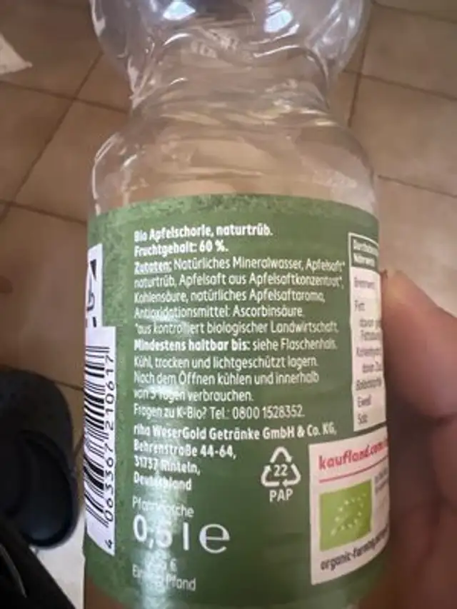 Apfelschorle ingredients label