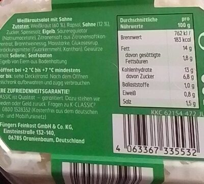 Weißkrautsalat mit Sahne nutrition facts table