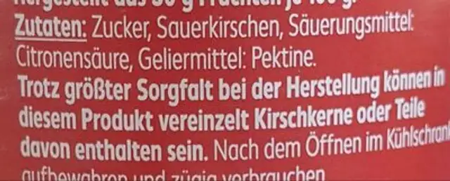 Konfitüre Extra Sauerkirsche ingredients label