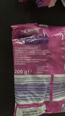 CHOCOLADE ROZIJNEN Omhuld met een laag Melkchocola ingredients label