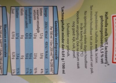 Lactose Vrije Melk ingredients label