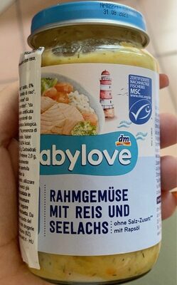 Rahmgemüse mit reis und seelachs front packaging