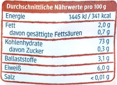 Fusilli Reis-Mais-Pasta glutenfrei nutrition facts table