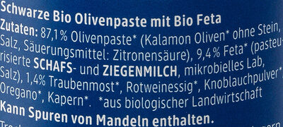Schwarze Olivencreme mit Feta ingredients label