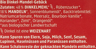 Dinkel Cantuccini mit Mandeln ingredients label