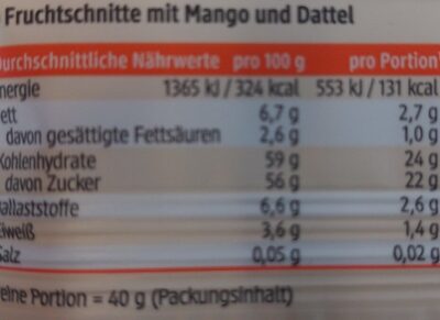 Mango Fruchtschnitte nutrition facts table