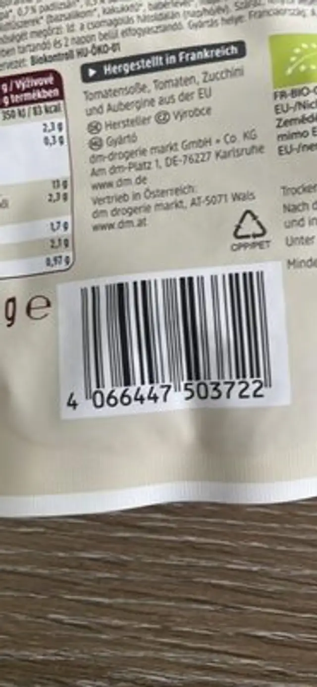 GEMÜSE RAVIOLI in Tomatensauce nutrition facts table