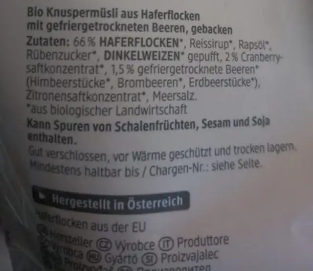 beeren crunchy ingredients label