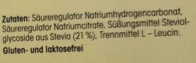 Stevia ingredients label
