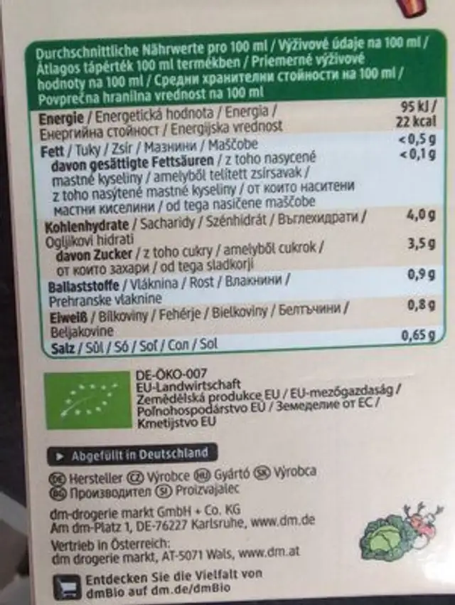 Gemüsesaft ingredients label