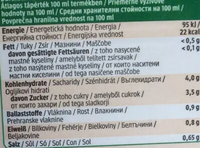 Gemüsesaft nutrition facts table