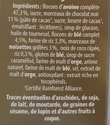 Muesli Crunchy Chocolat noir et noisettes ingredients label