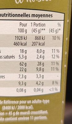Muesli Crunchy Chocolat noir et noisettes nutrition facts table