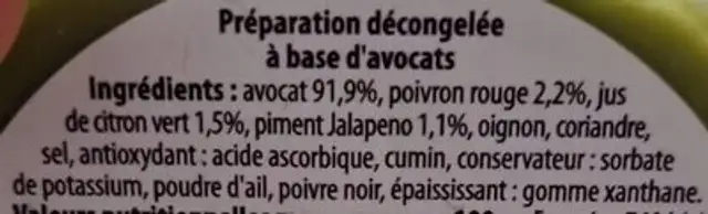 Guacamole ingredients label